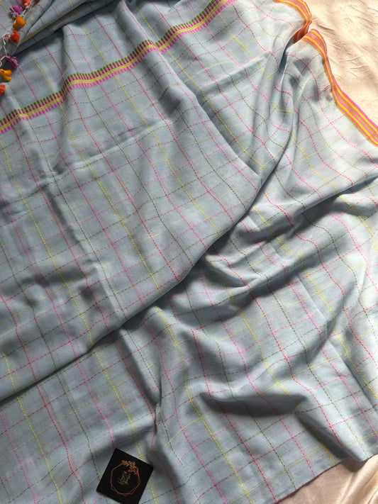 Mulmul Cotton Saree with Kantha Work - Pastel Blue