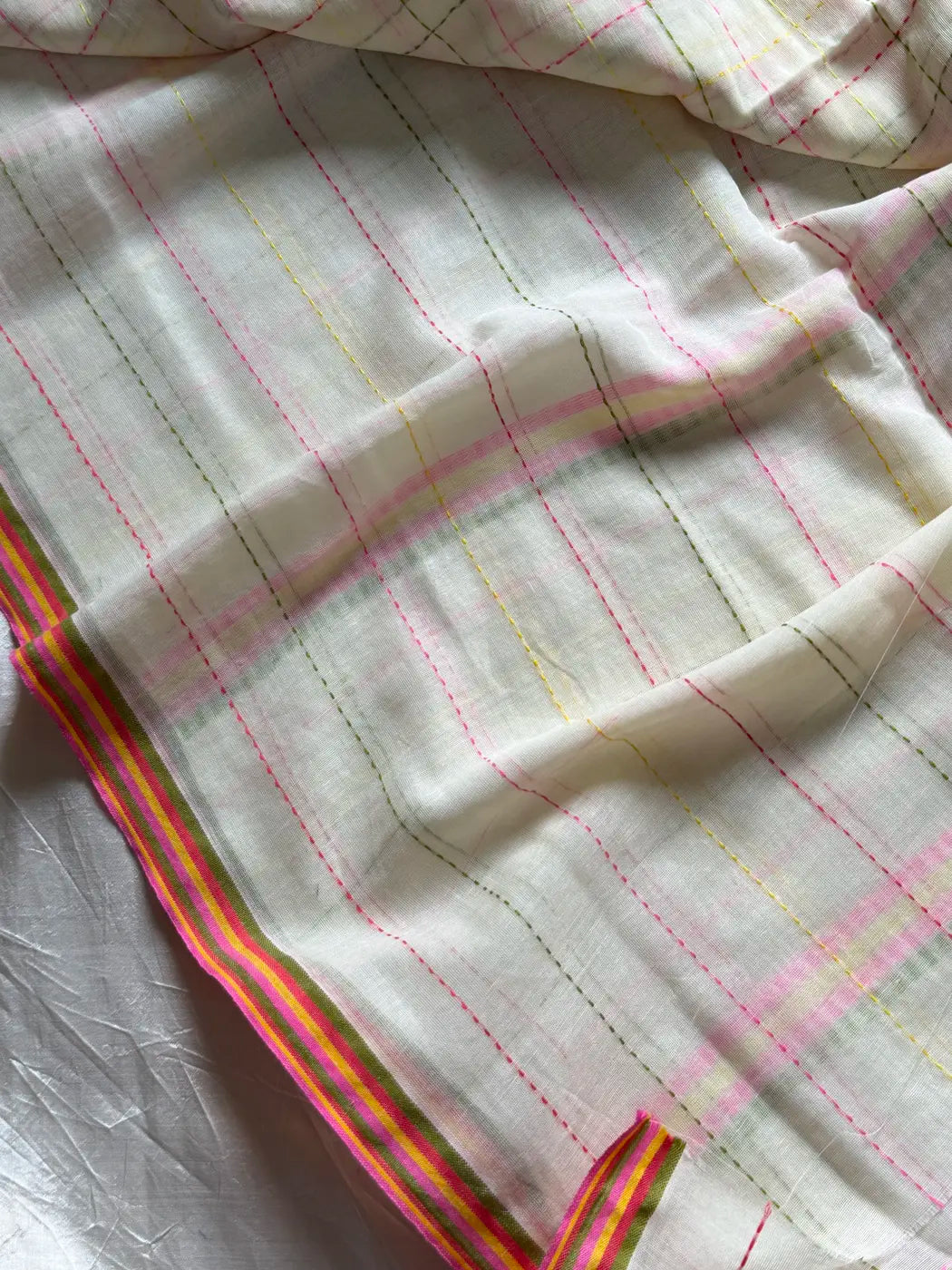Mulmul Cotton Saree with Kantha Work - Beige