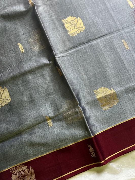 Vegan Silk Saree – Grey & Maroon Handloom Art Silk