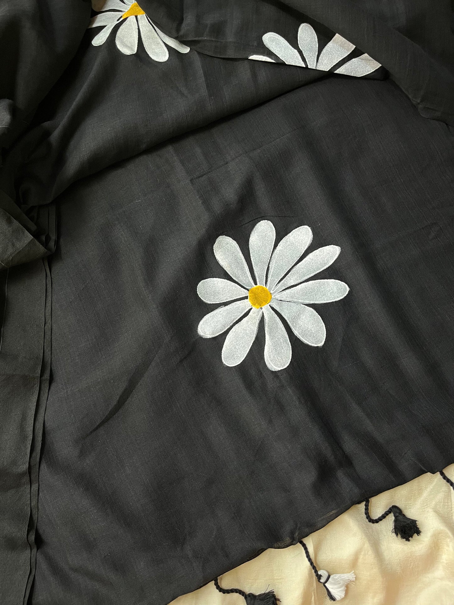 Black Handpainted Khadi Cotton Saree, 6 meters, soft breathable fabric