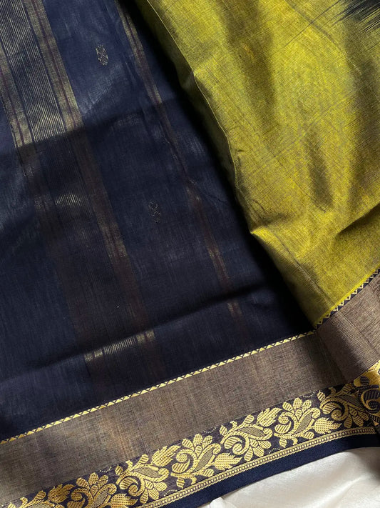 Vegan Silk Saree – Mehendi & Blue | Handloom