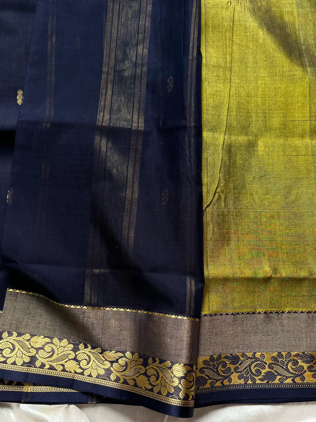 Vegan Silk Saree – Mehendi & Blue | Handloom