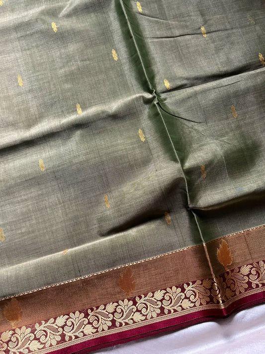 Vegan Silk Saree – Olive & Maroon | Handloom