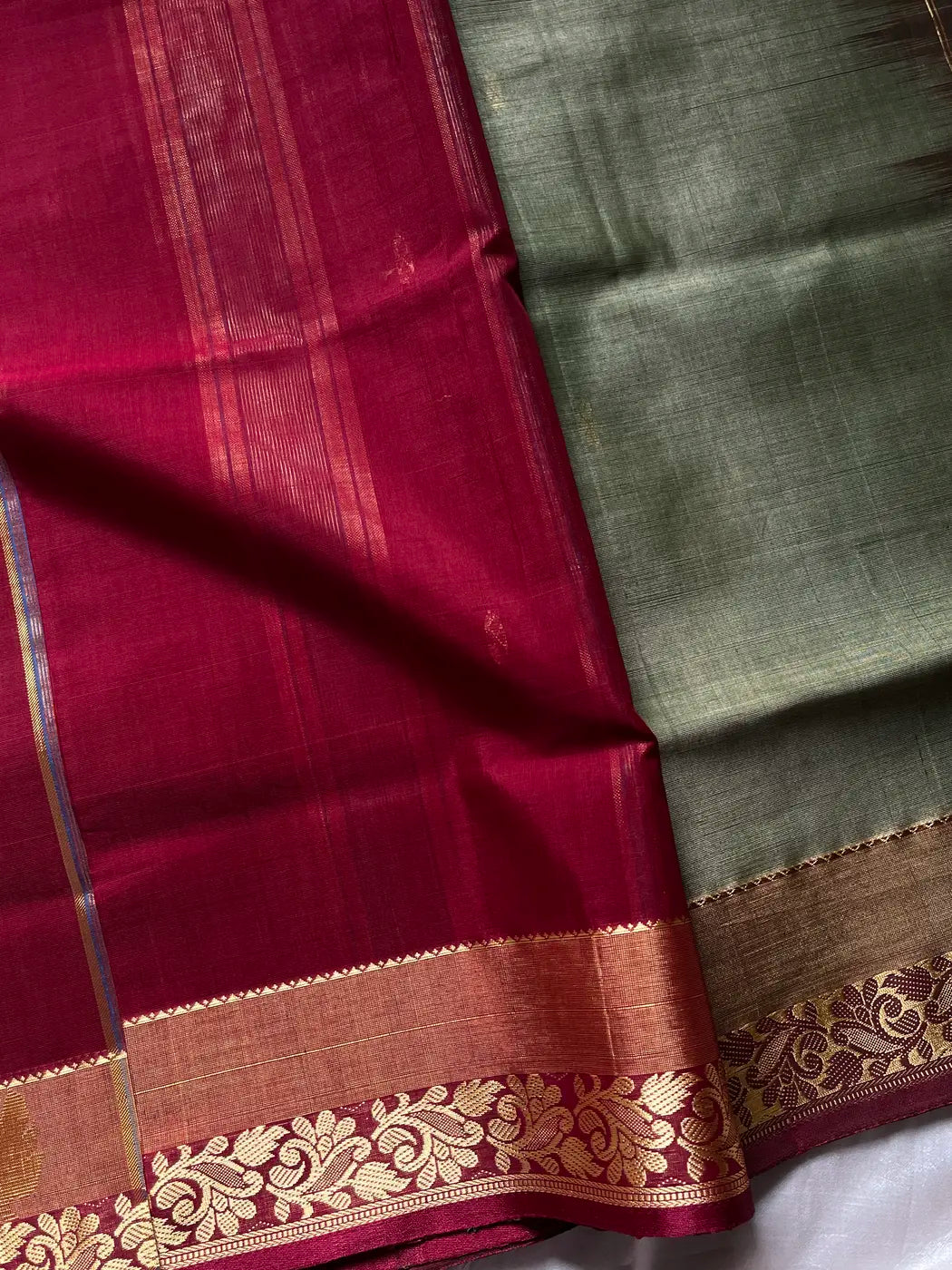 Vegan Silk Saree – Olive & Maroon | Handloom