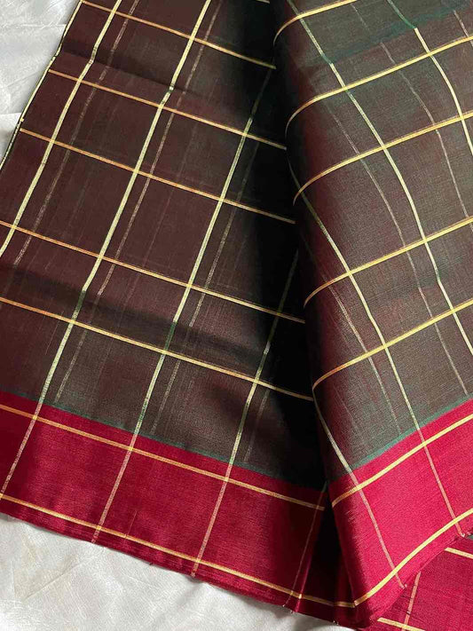 Vegan Weaves – Forest green Checked Handloom Art Silk Saree