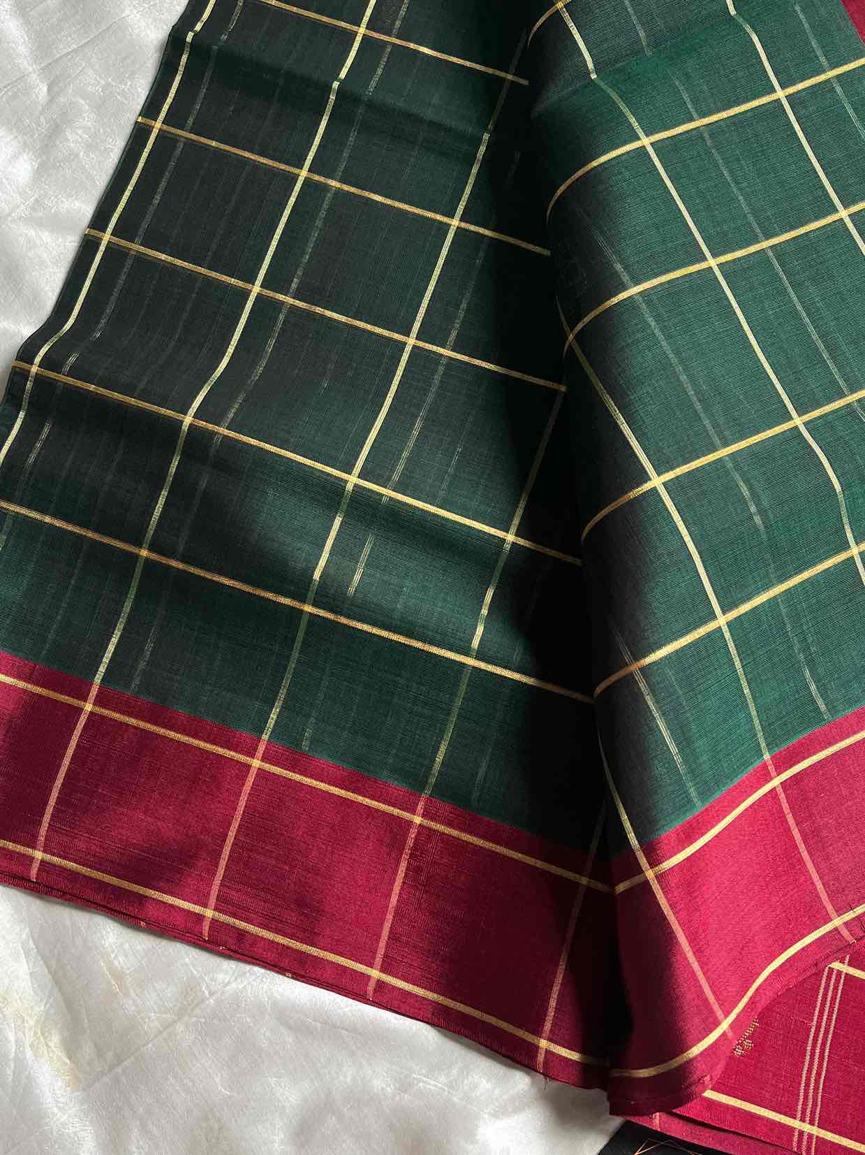 Vegan Weaves – Green Checked Handloom Art Silk Saree