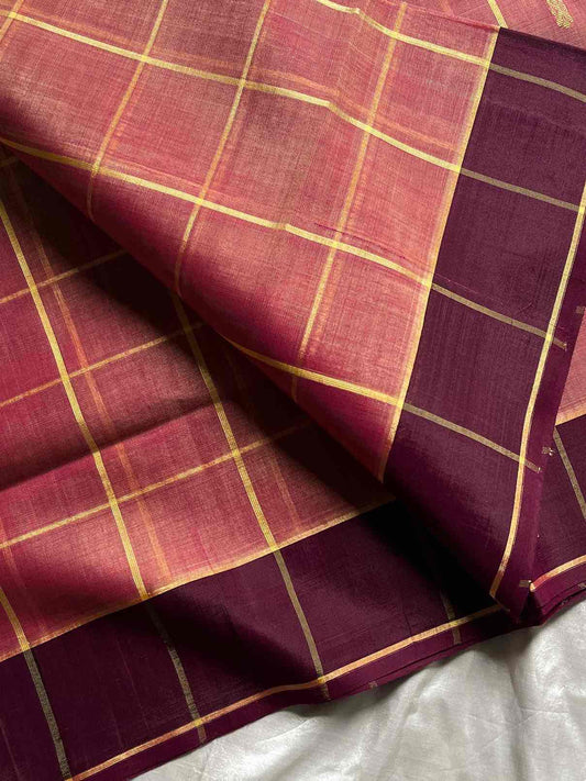 Vegan Weaves – Pastel onion pink Checked Handloom Art Silk Saree