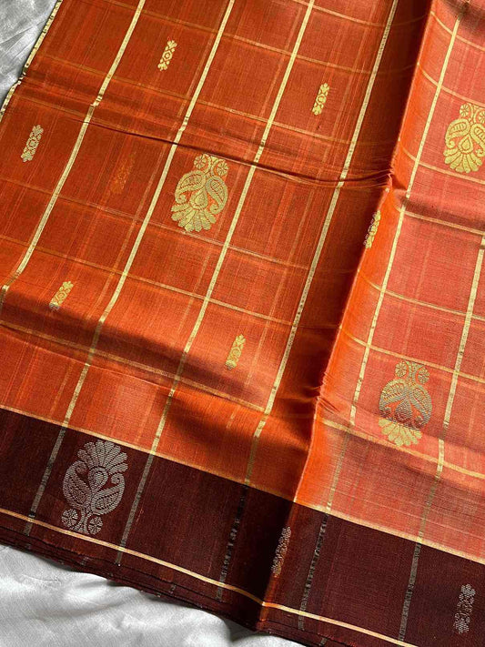 Vegan Weaves – Orange Checked Handloom Art Silk Saree