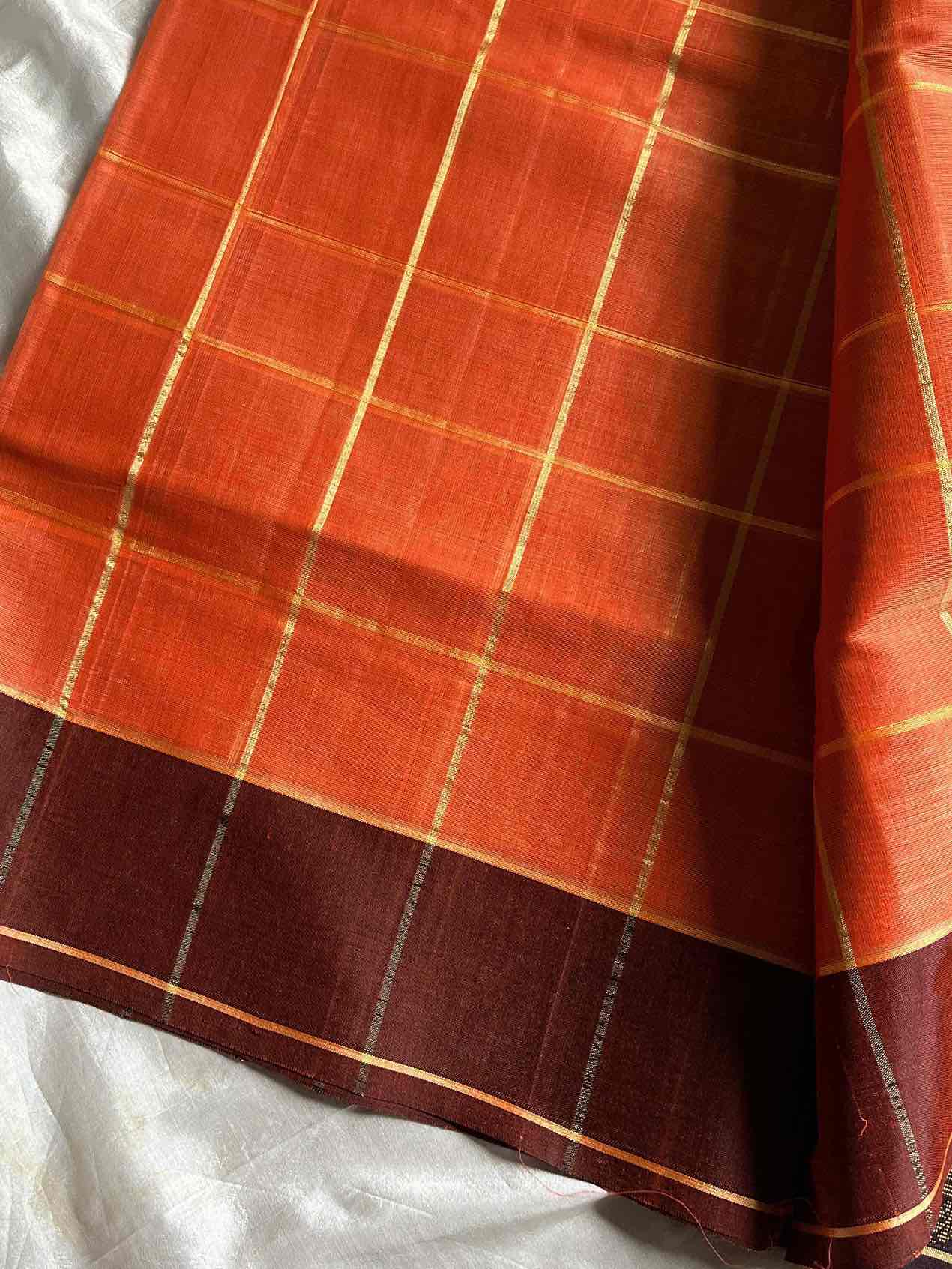 Vegan Weaves – Orange Checked Handloom Art Silk Saree