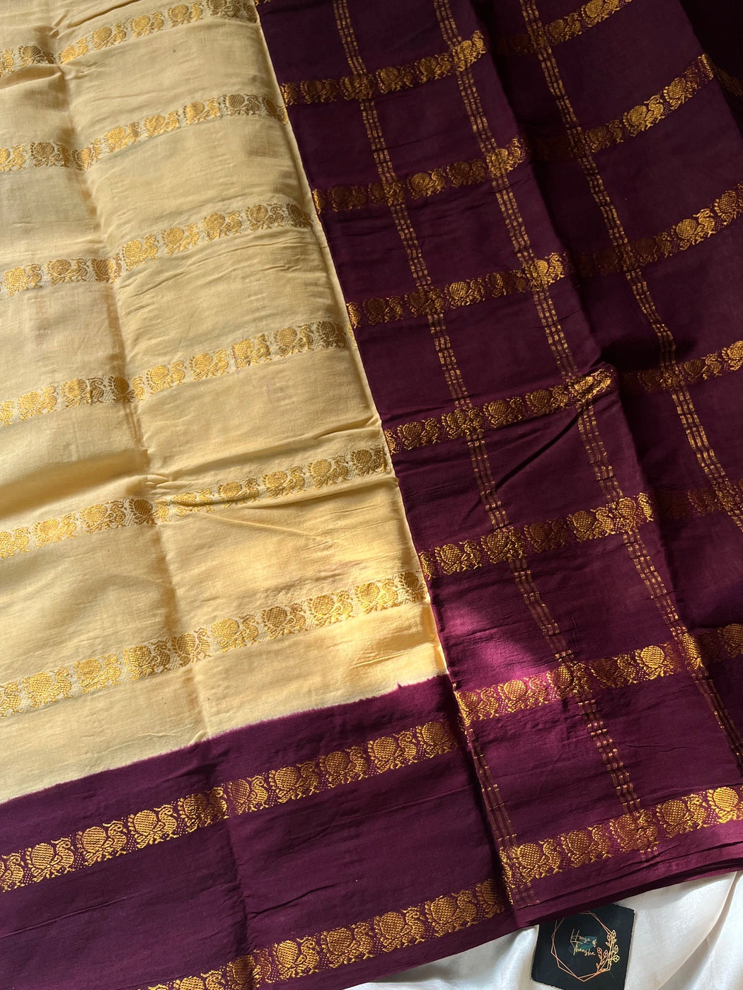 Sungudi Cotton Saree - Sandal & Green