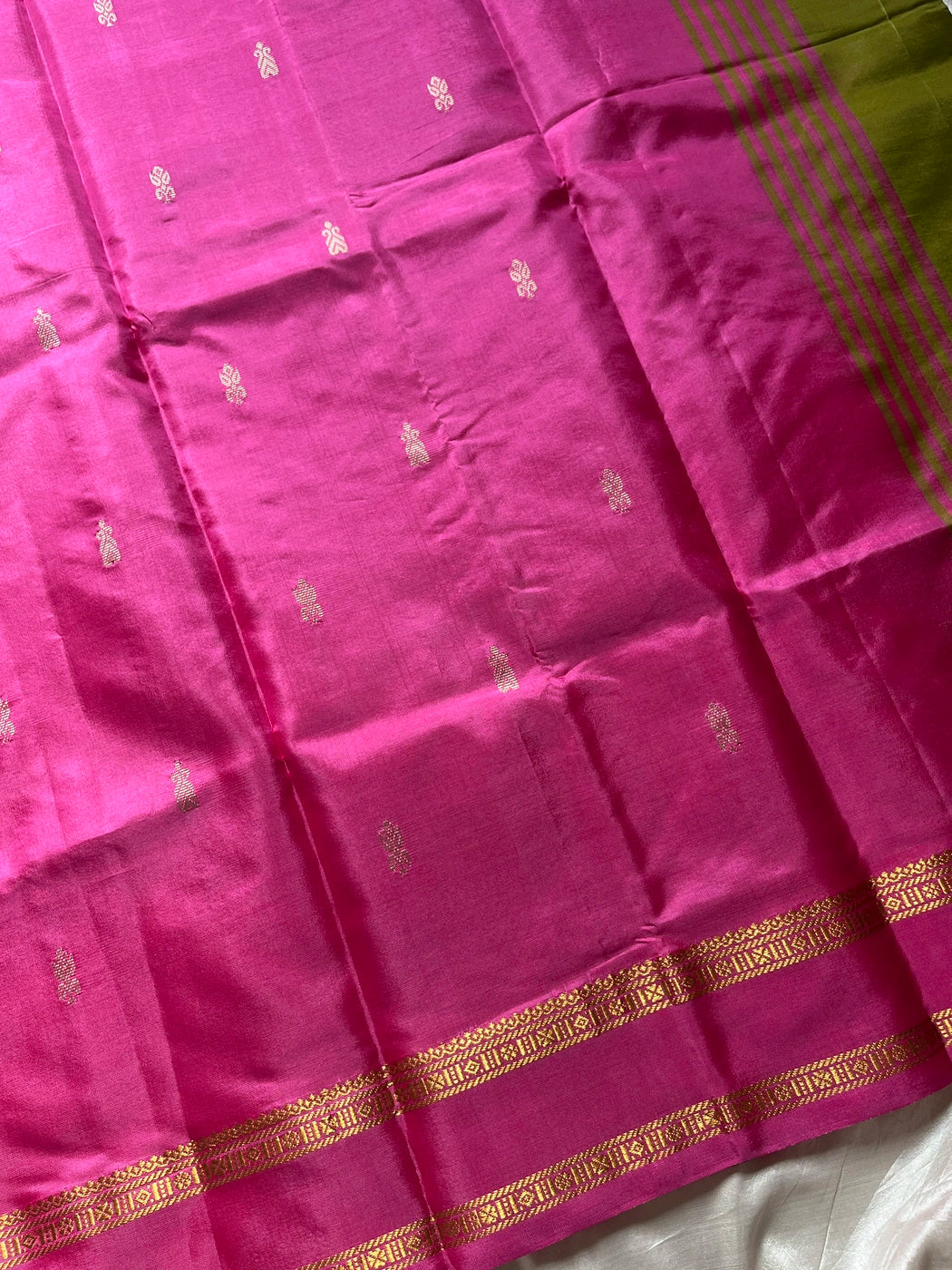 Vegan Silks | Chinnalampattu Saree – Parrot Green & Pink