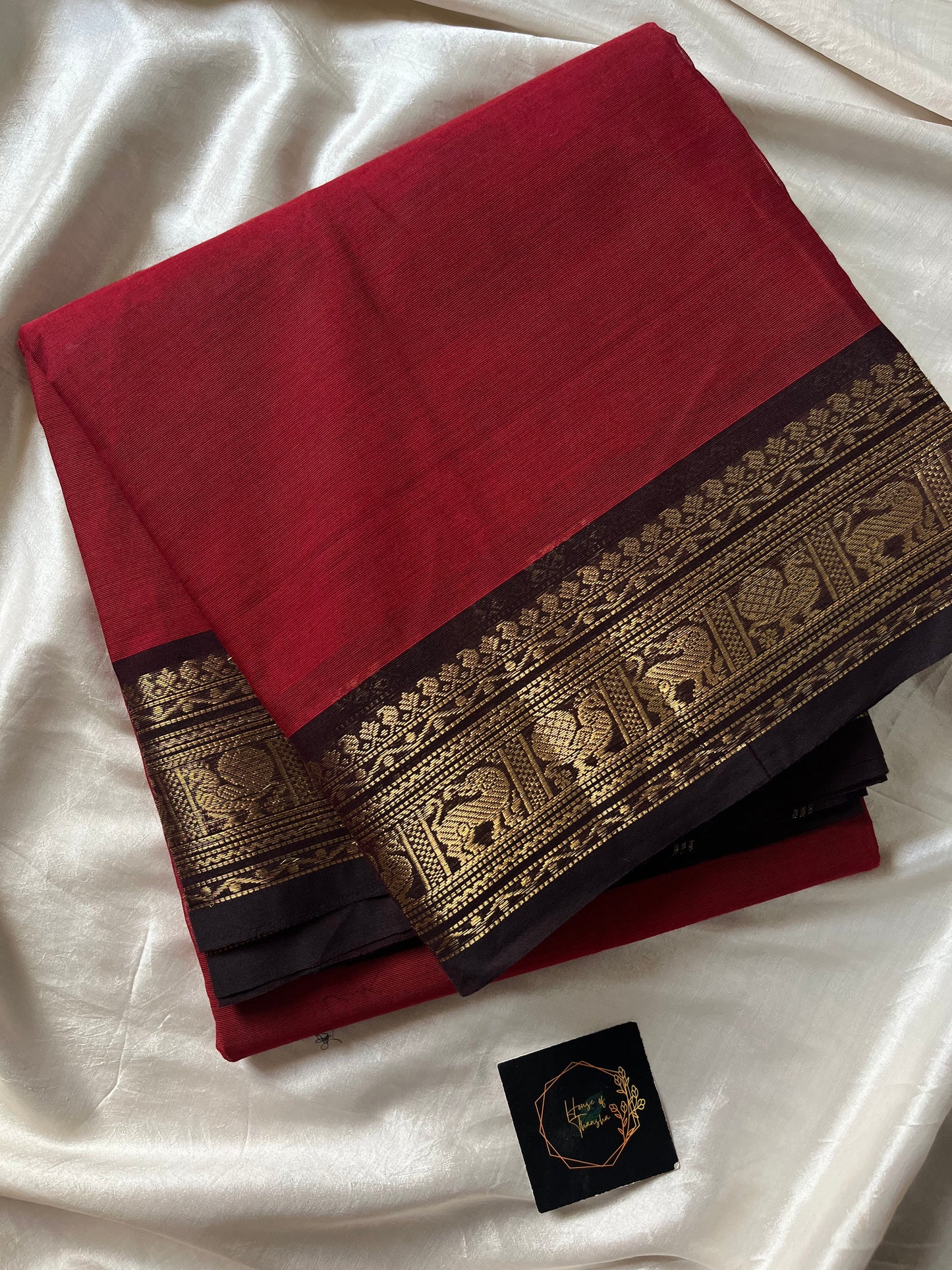 Subtle Weaves | Red Chettinadu Cotton Saree – Brown Border