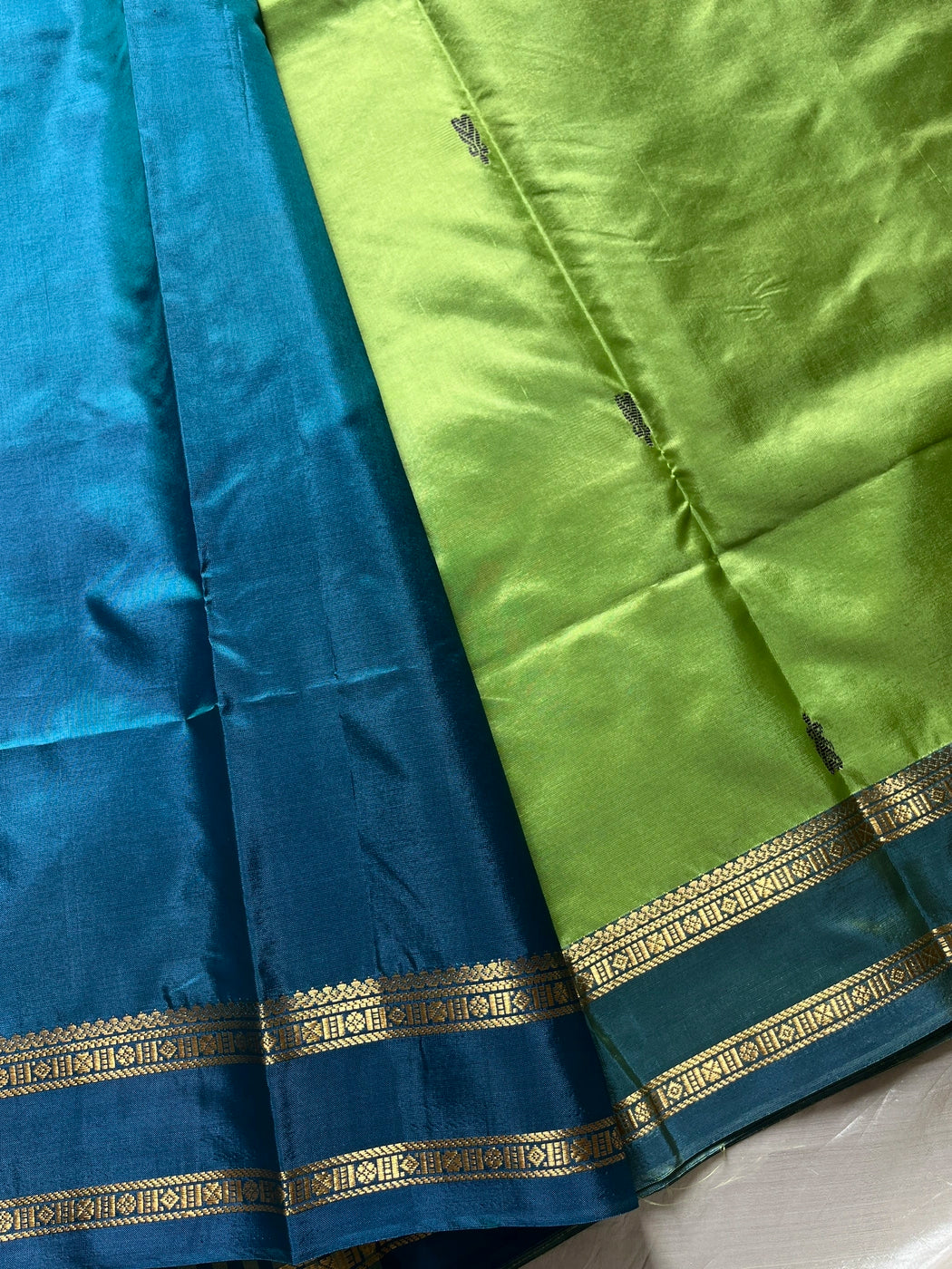 Vegan Silks | Chinnalampattu Saree – Green & SkyBlue