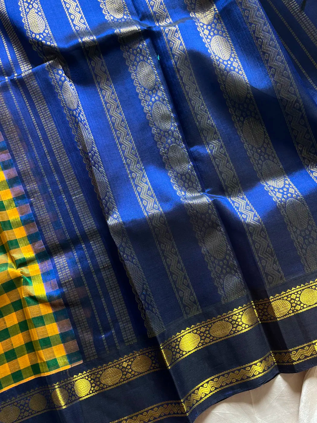 Paalum Pazhamum Kattam – Yellow Blue Checks Kanchi Silkcotton