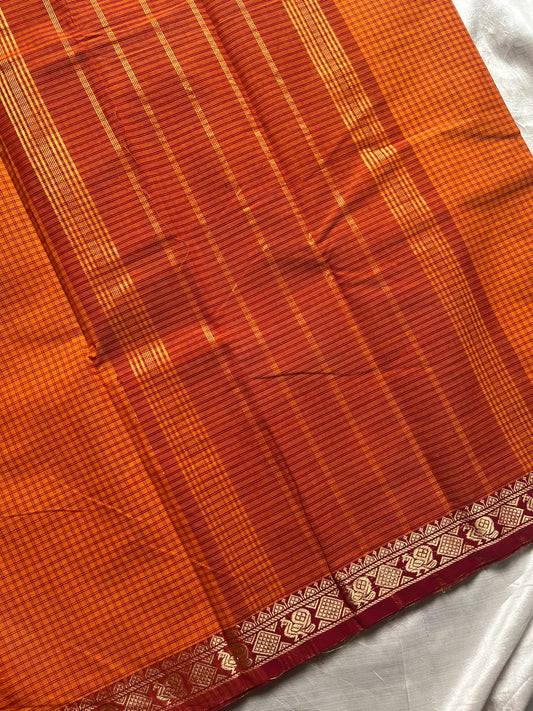 Mini Kattam – Orangish Yellow Checked Chettinadu Cotton Saree