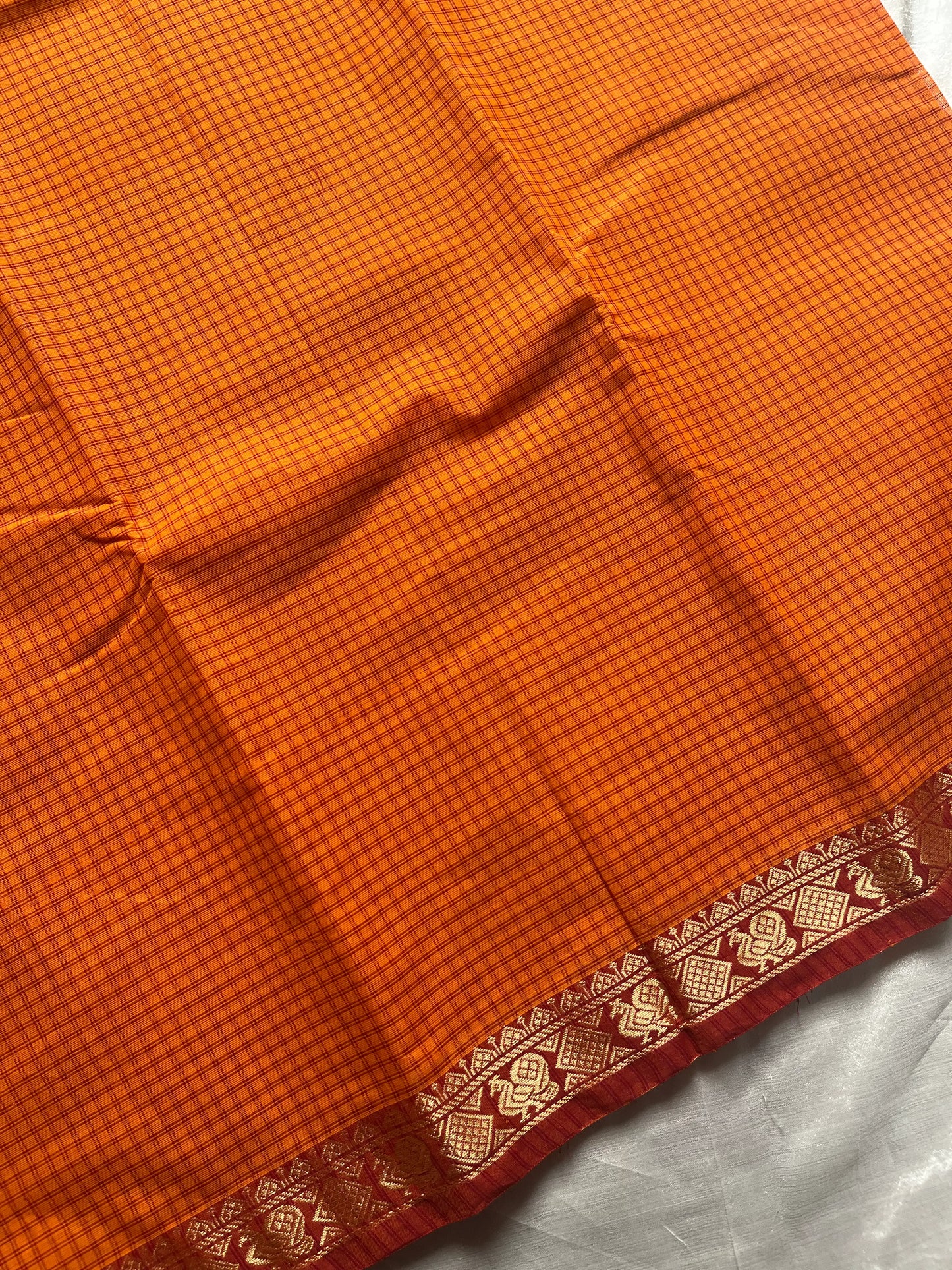 Mini Kattam – Orangish Yellow Checked Chettinadu Cotton Saree