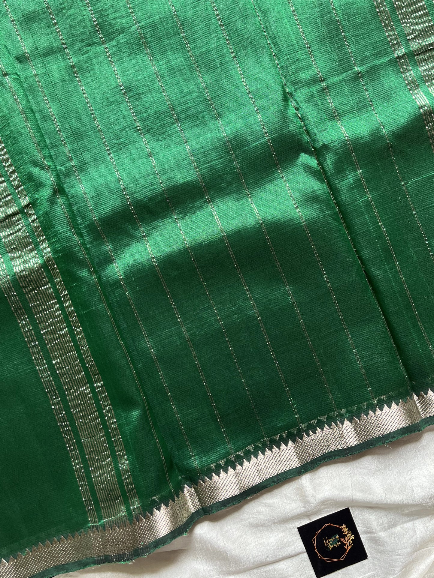 Emerald – Dark green Mangalagiri silk cotton saree with silver Nizam border | House of Thansha