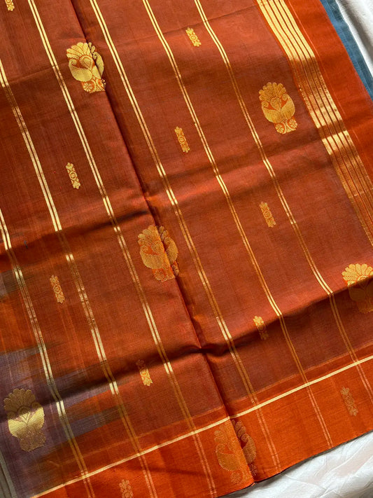 Vegan Silk Saree – Grey & Orange Handloom Art Silk