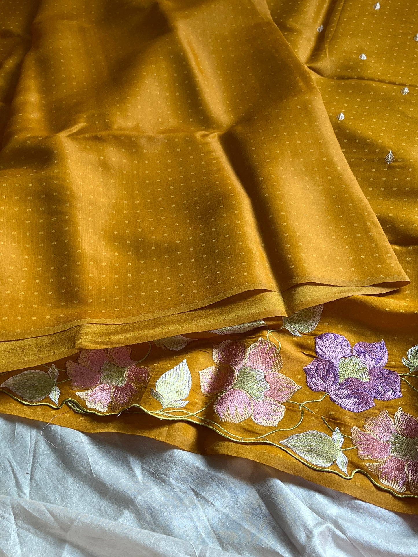 Pastel yellow embroidered designer saree with scalloped border – House of Thansha