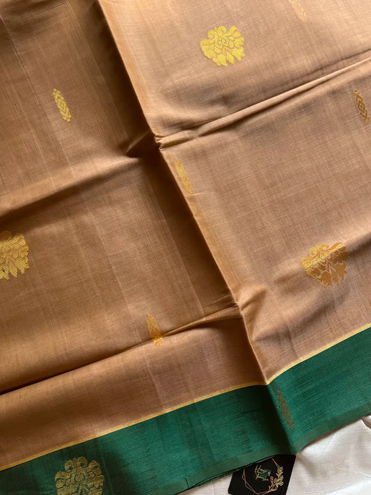 Vegan Silk Saree – Beige & Green Handloom Art Silk