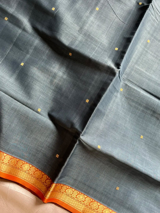 Vegan Silk Saree – Grey & Orange Handloom Art Silk