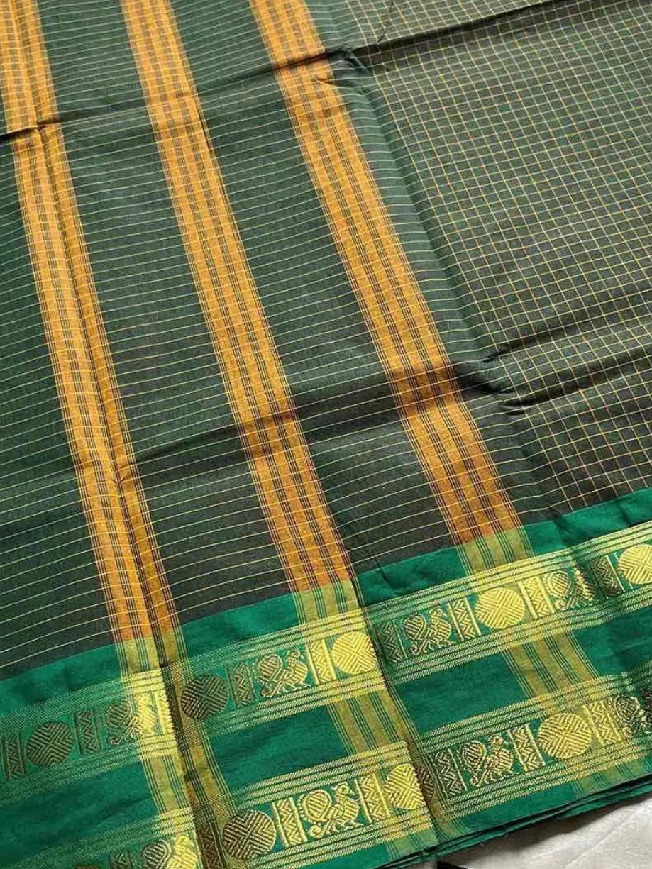 Kattam Edit | Chettinadu Cotton Checked Saree – Dark Green