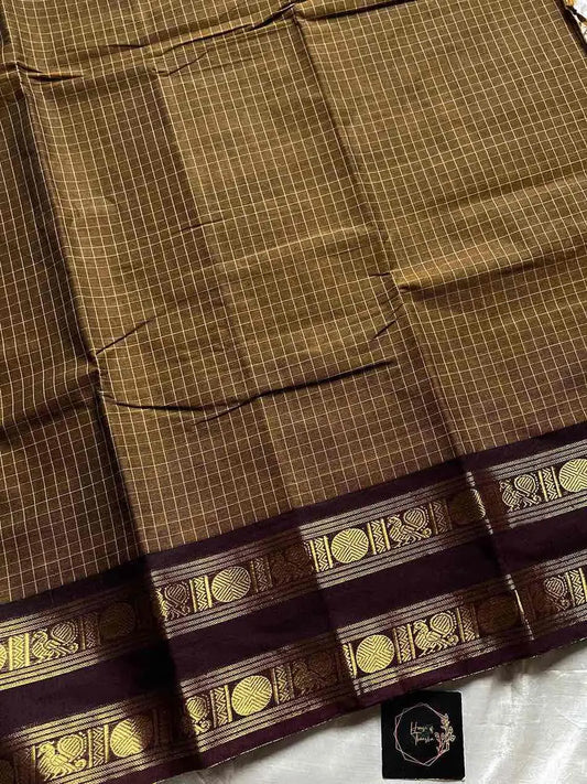 Kattam Edit | Chettinadu Checked Saree – Olive Brown