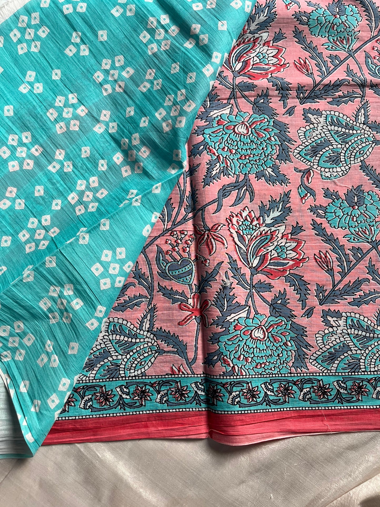 Blush pink handblock printed mulmul cotton saree with teal floral motifs and contrast blouse – House of Thansha