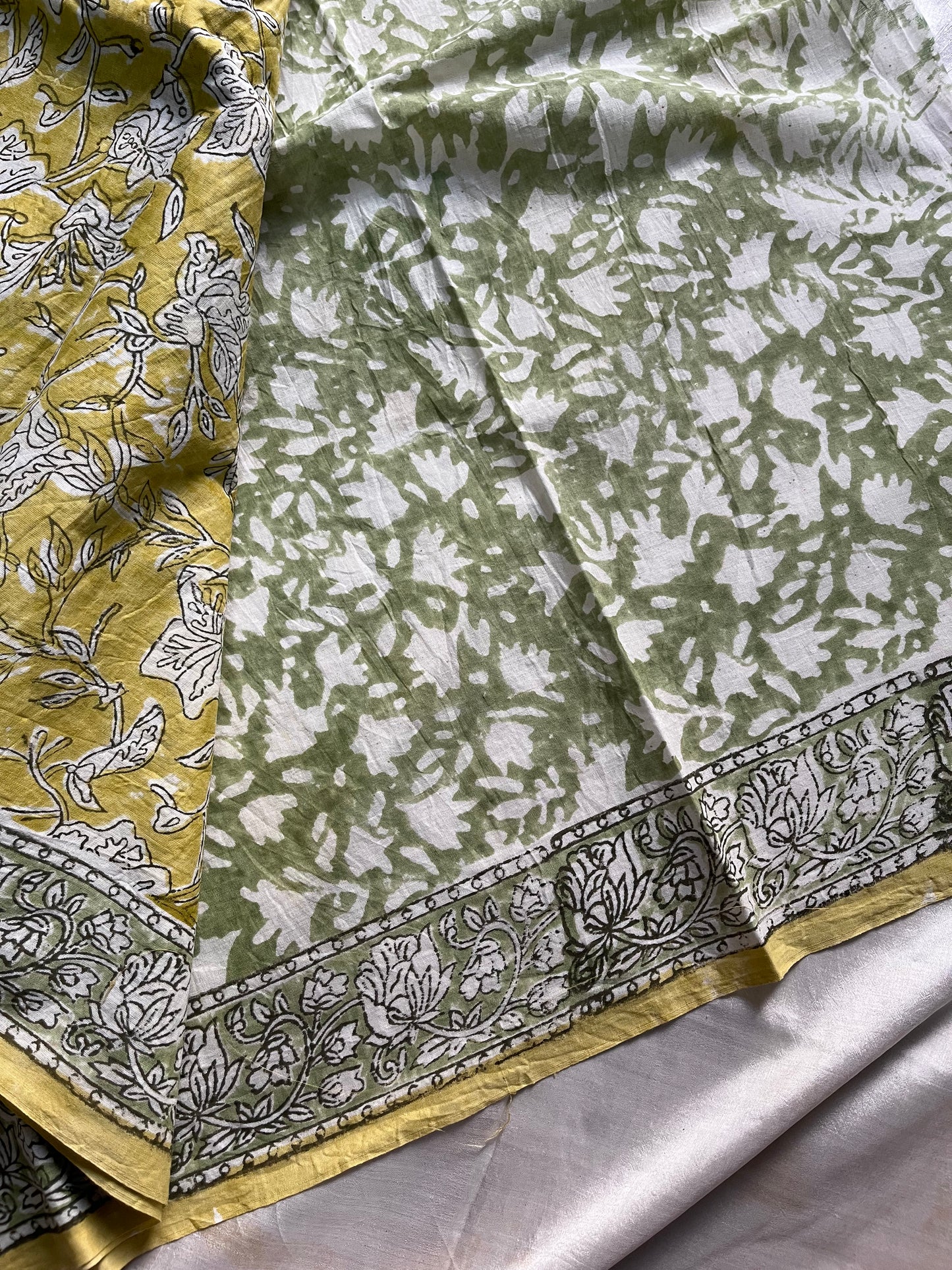Aura – Yellow Block Printed Mulmul Cotton Saree with Green Border | House of Thansha