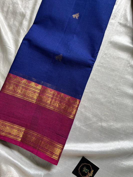 Throne Edit Blue Chettinadu Cotton Saree with Pink Border and Grand Pallu – Handwoven premium cotton saree by House of Thansha