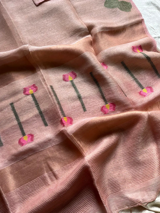 Handloom Silk Linen Jamdaani Saree - Pastel Pink