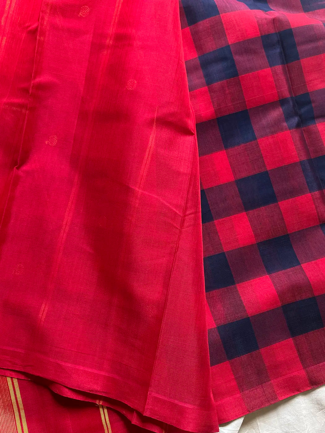 Vegan Silk Saree – Red & Blue Handloom