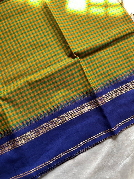 Maragatham – Green-yellow Korvai Kattam cotton saree with blue border | House of Thansha