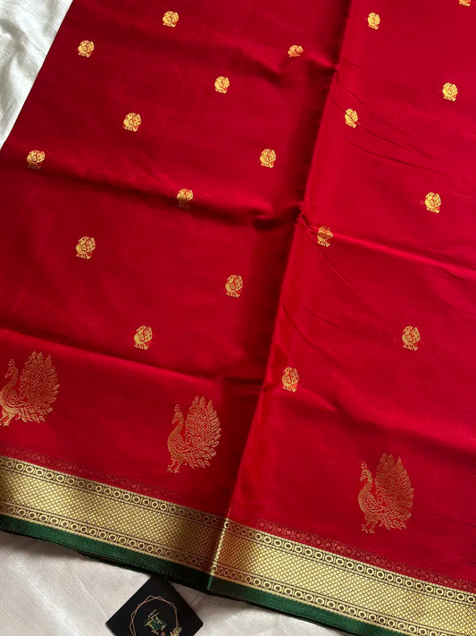 Vegan Silk Saree – Red & Green | Handloom Art Silk