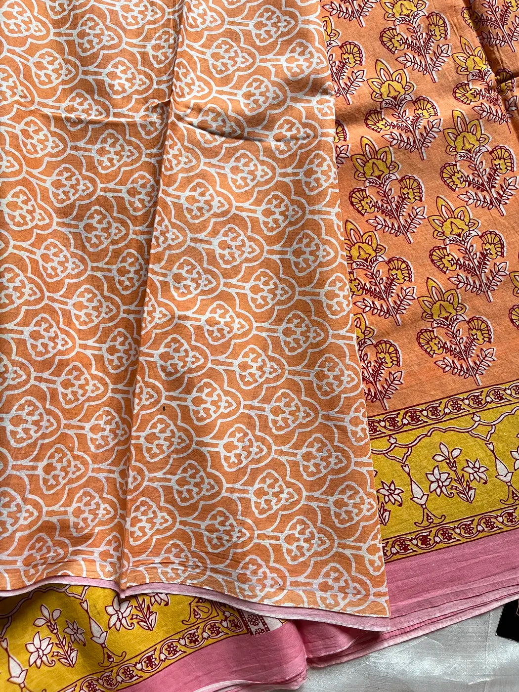 Mulmul Cotton Saree | Hand Block Print – Orange