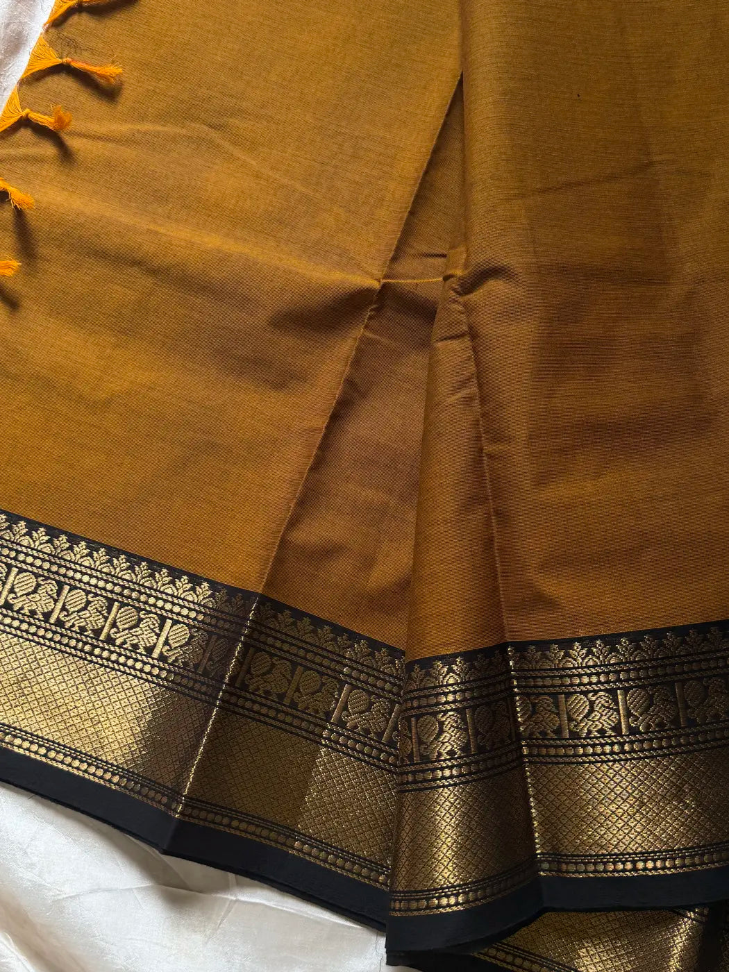 Subtle Weaves | Mustard Yellow & Black Kanchi Cotton Saree
