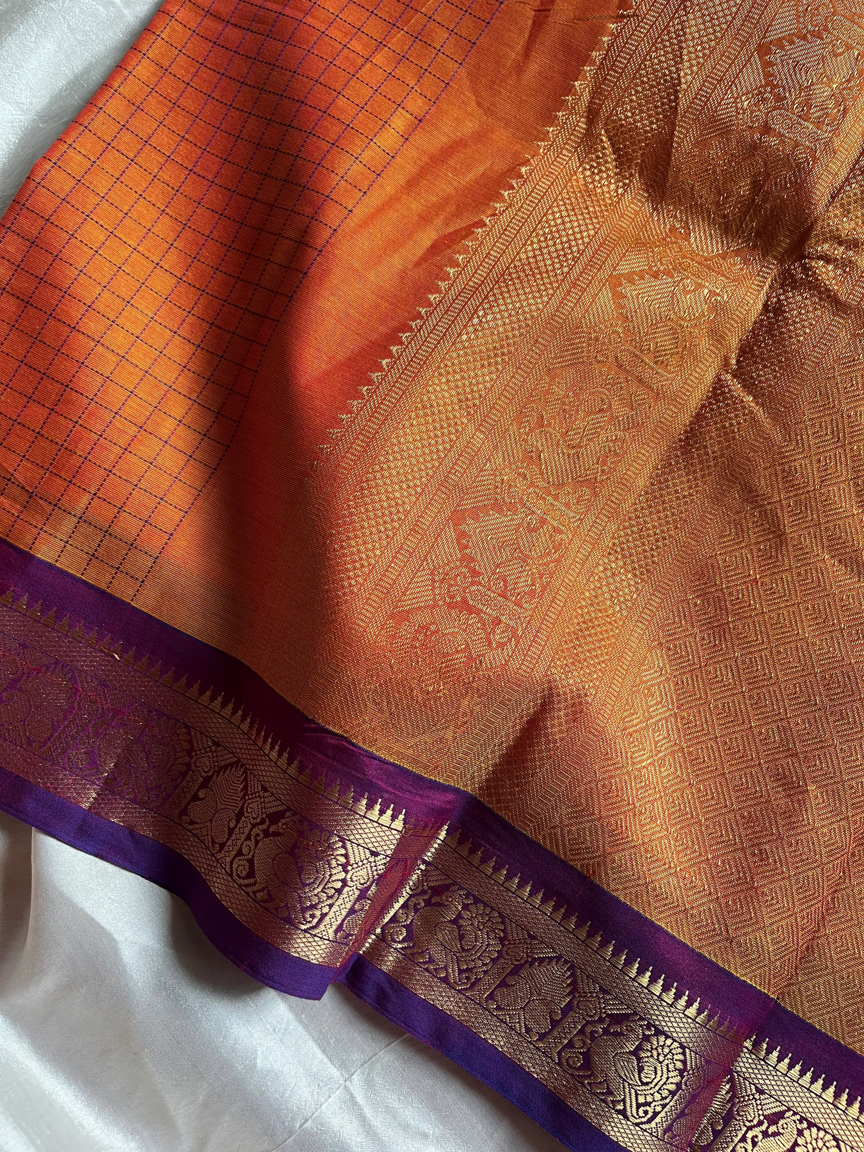 Throne Edit Sunset Orange & Purple Checks 120-Count Kanchi Cotton Saree by House of Thansha