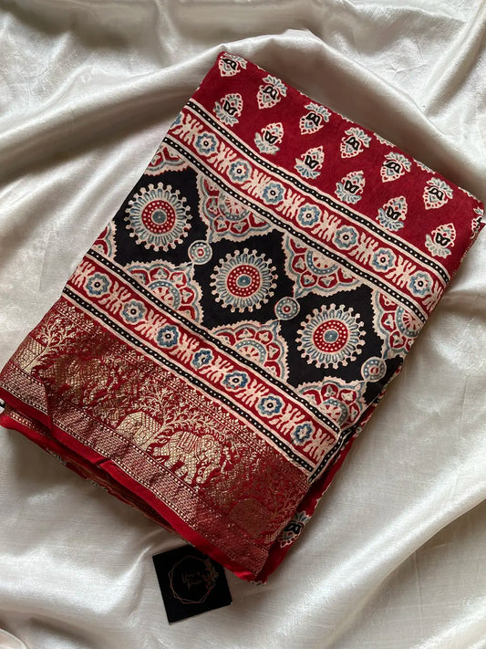 Dola Silk Saree - Maroon | Hand Blocked Ajrakh