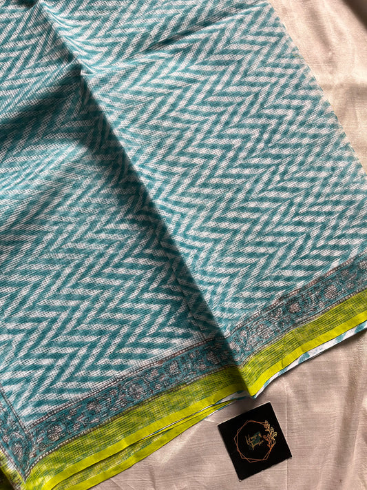 Blue Kota Doria saree with green contrast and mulmul blouse – House of Thansha