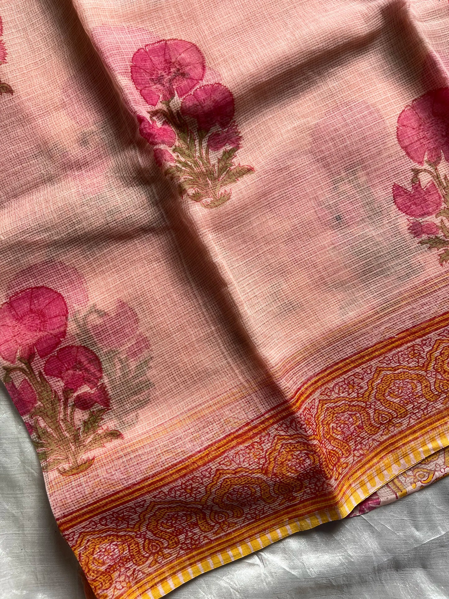 Peach Lightweight Handwoven Kota Doria Saree from Rajasthan with Subtle Check Weave