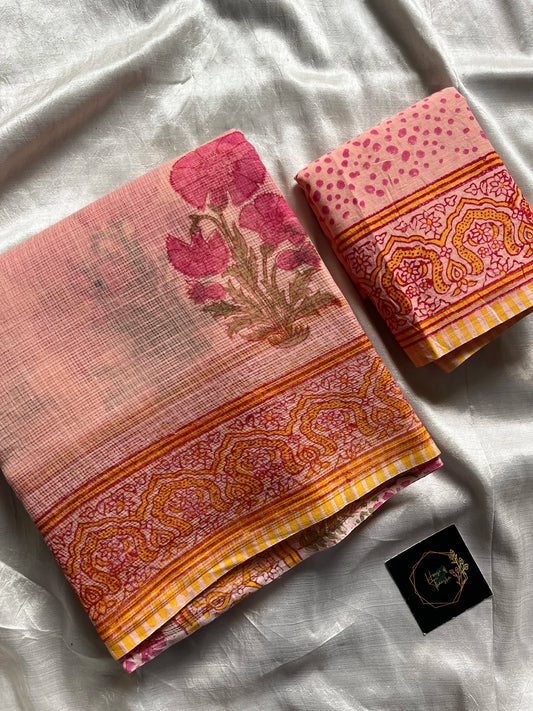 Peach Kota Doria Saree with mulmul blouse