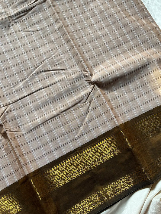 Kattam Edit – Soft Taupe Beige Checked Chettinadu Cotton Saree