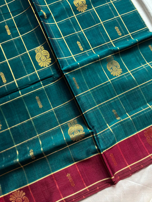 Vegan Weaves – Peacock Green Checked Handloom Art Silk Saree