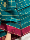 Vegan Weaves – Peacock Green Checked Handloom Art Silk Saree