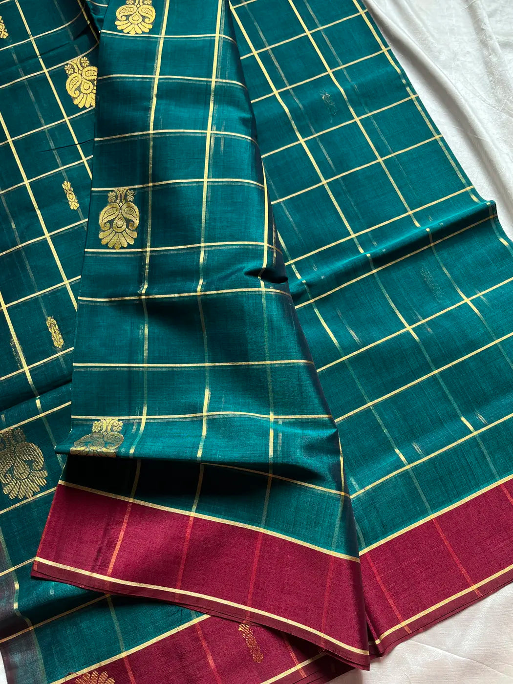 Vegan Weaves – Peacock Green Checked Handloom Art Silk Saree