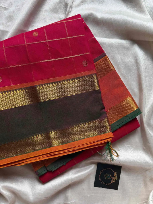 Rani pink Zari Checks Kanchi Cotton Saree | House of Thansha