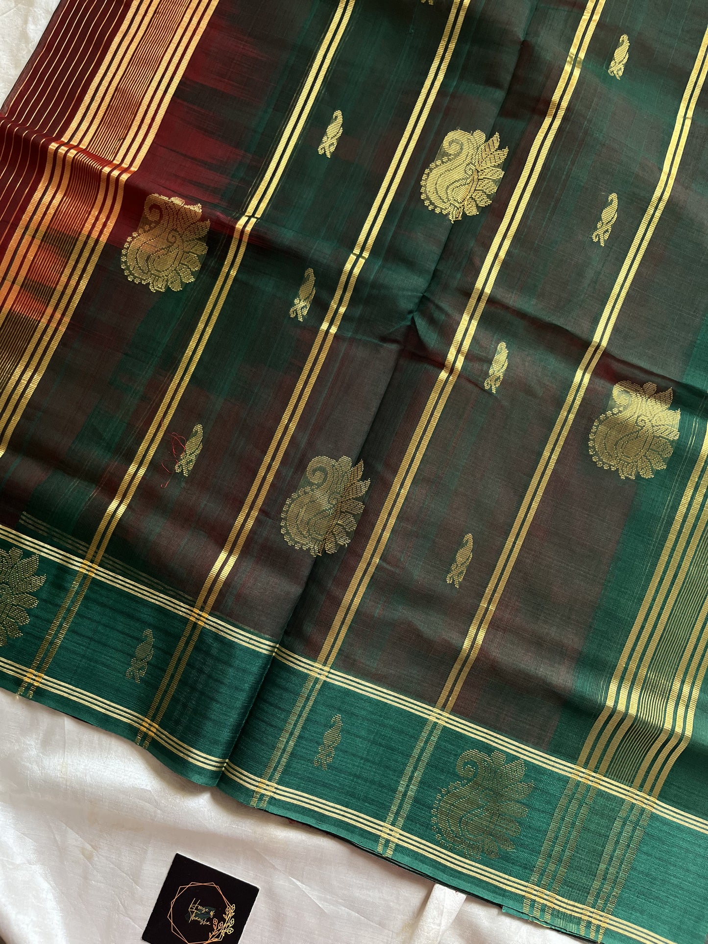 Red handloom art silk saree with green plain border and sari motifs – vegan silk by House of Thansha