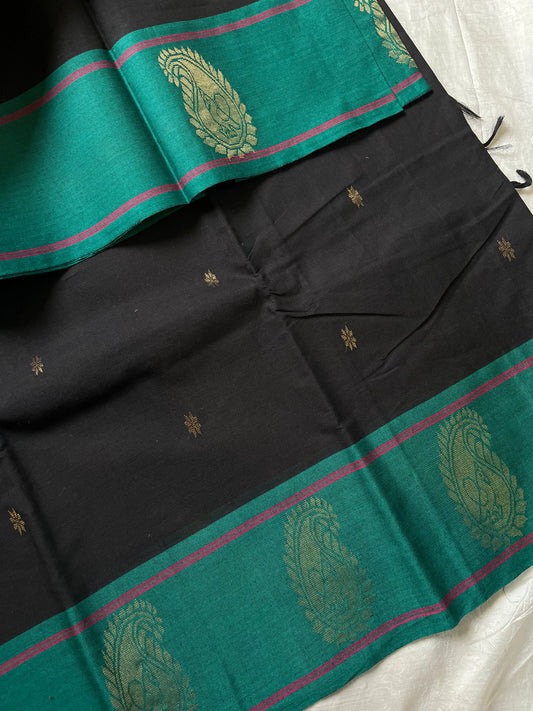 Subtle Weaves Black Chettinadu Cotton Saree with Elegant Border – Handwoven premium cotton saree by House of Thansha