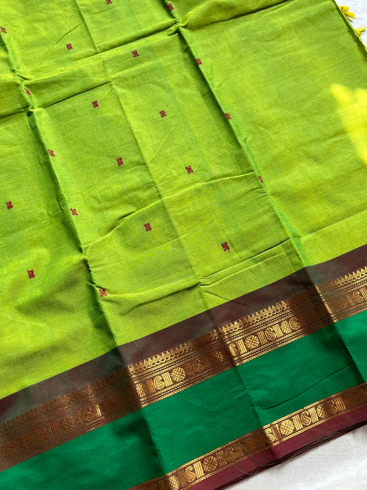 Subtle Weaves | Parrot Green Kanchi Cotton Saree