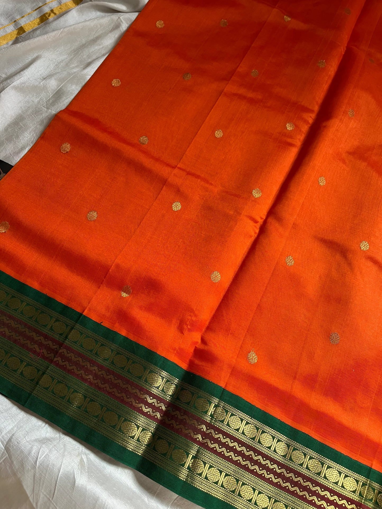 Orange & Green Pure Handloom Kanchi Silk-Cotton Saree with Rich Zari – Pattu Nool Edit by House of Thansha